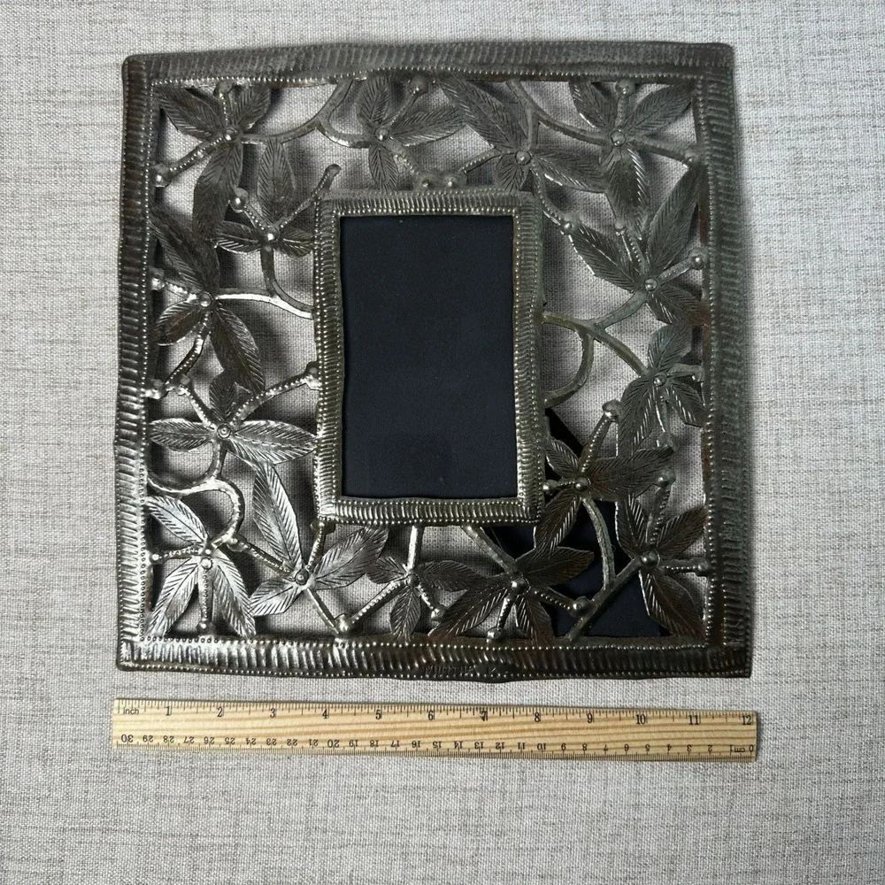 Heart of Haiti Macy's 4x6 Floral Metal Picture Frame Haitian Folk Art Signed